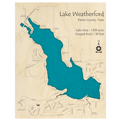 Bathymetric topo map of Weatherford Lake, TX with roads, towns and depths noted in blue water.