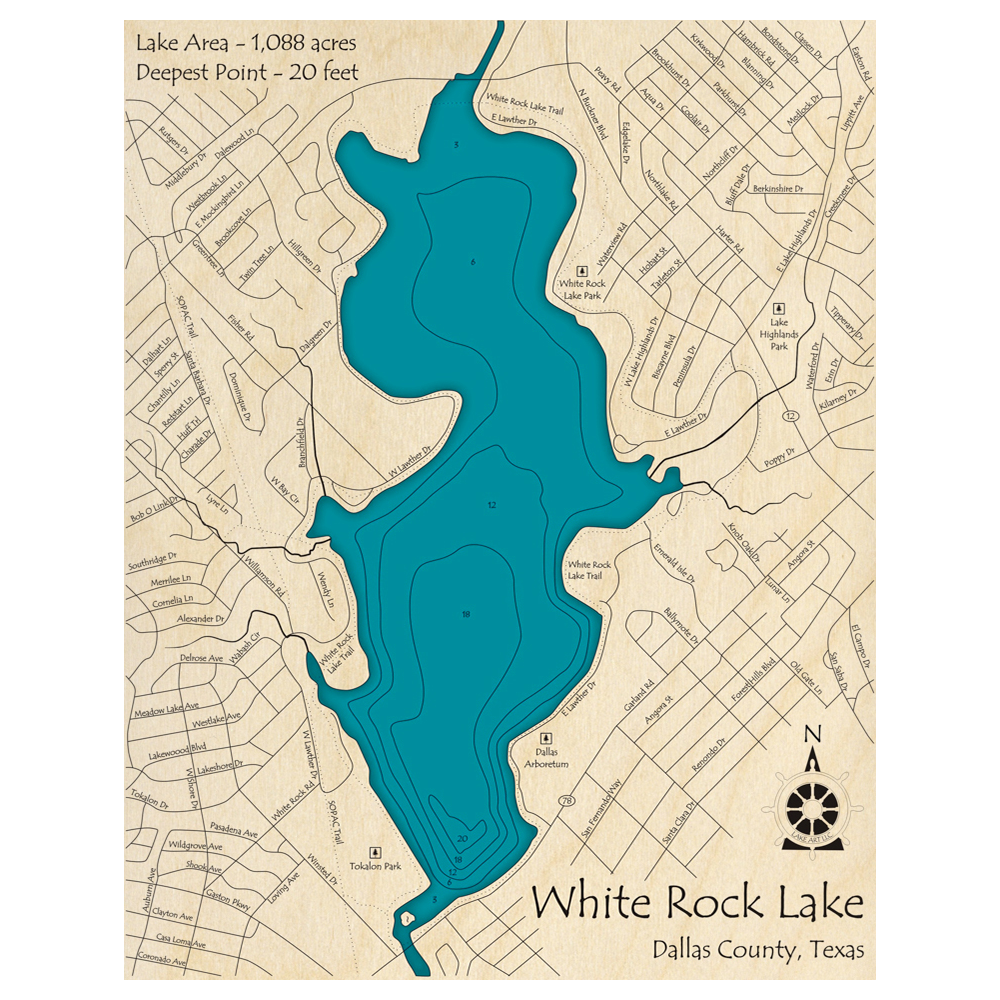 Bathymetric topo map of White Rock Lake, TX with roads, towns and depths noted in blue water.