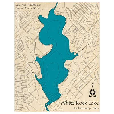 Bathymetric topo map of White Rock Lake, TX with roads, towns and depths noted in blue water.