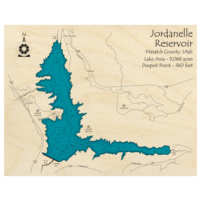 Bathymetric topo map of Jordanelle Reservoir, UT with roads, towns and depths noted in blue water.