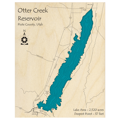 Bathymetric topo map of Otter Creek Reservoir, UT with roads, towns and depths noted in blue water.