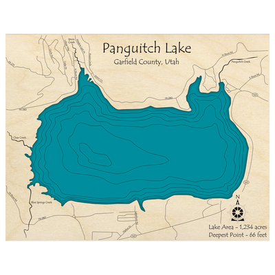 Bathymetric topo map of Panguitch Lake, UT with roads, towns and depths noted in blue water.