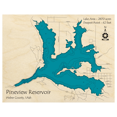 Bathymetric topo map of Pineview Reservoir, UT with roads, towns and depths noted in blue water.
