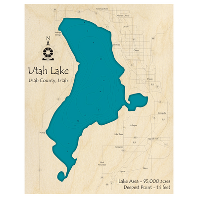 Bathymetric topo map of Utah Lake, UT with roads, towns and depths noted in blue water.