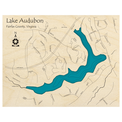 Bathymetric topo map of Lake Audubon, VA with roads, towns and depths noted in blue water.
