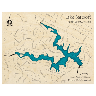 Bathymetric topo map of Lake Barcroft, VA with roads, towns and depths noted in blue water.