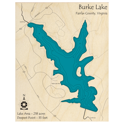 Bathymetric topo map of Burke Lake, VA with roads, towns and depths noted in blue water.