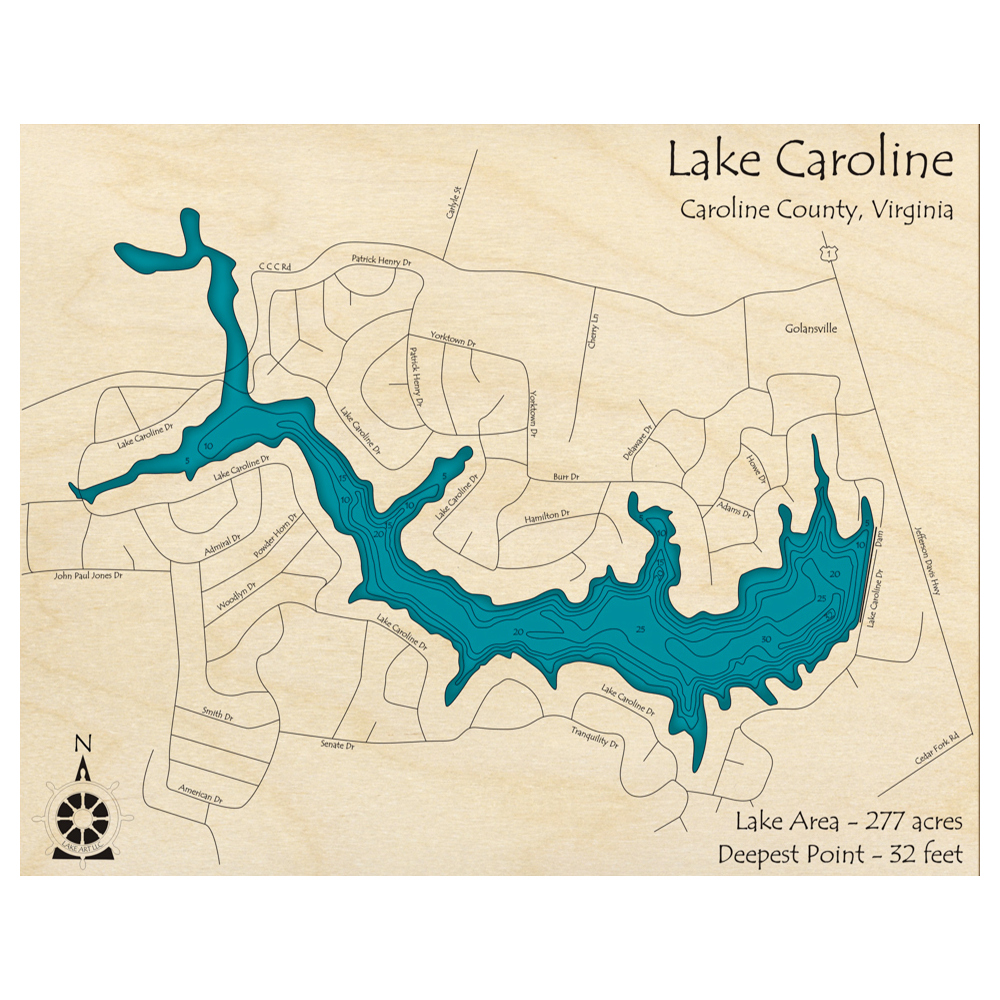 Bathymetric topo map of Lake Caroline, VA with roads, towns and depths noted in blue water.