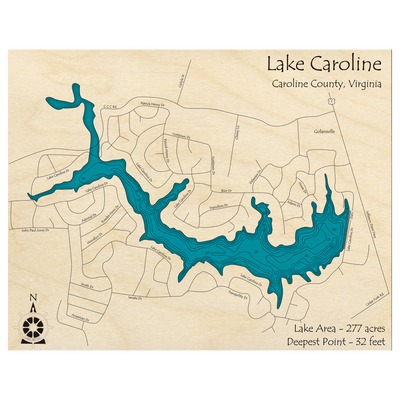 Bathymetric topo map of Lake Caroline, VA with roads, towns and depths noted in blue water.