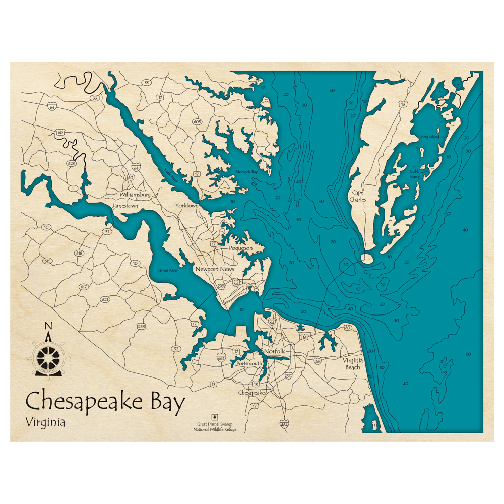 Bathymetric topo map of Chesapeake Bay, VA with roads, towns and depths noted in blue water.