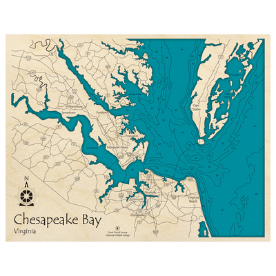 Bathymetric topo map of Chesapeake Bay, VA with roads, towns and depths noted in blue water.
