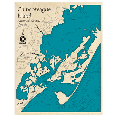 Bathymetric topo map of Chincoteague Island, VA with roads, towns and depths noted in blue water.