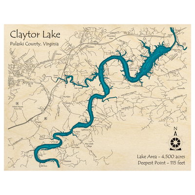 Bathymetric topo map of Claytor Lake, VA with roads, towns and depths noted in blue water.