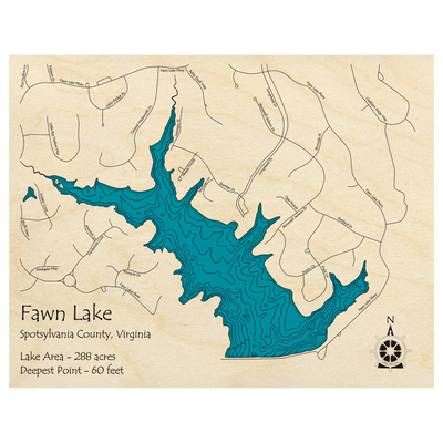 Bathymetric topo map of Fawn Lake, VA with roads, towns and depths noted in blue water.