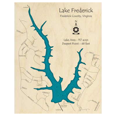 Bathymetric topo map of Lake Frederick, VA with roads, towns and depths noted in blue water.