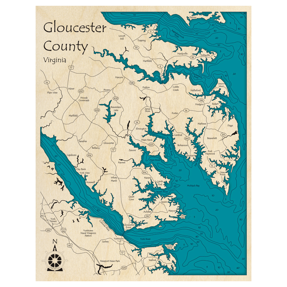 Bathymetric topo map of Gloucester County Coast, VA with roads, towns and depths noted in blue water.