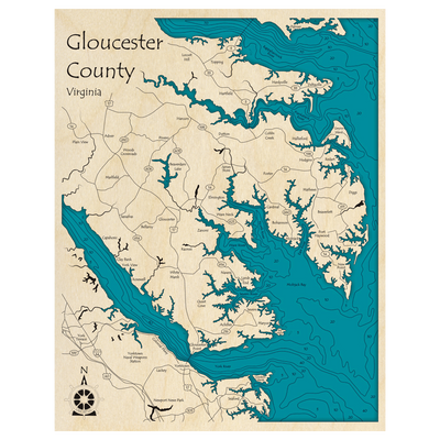 Bathymetric topo map of Gloucester County Coast, VA with roads, towns and depths noted in blue water.