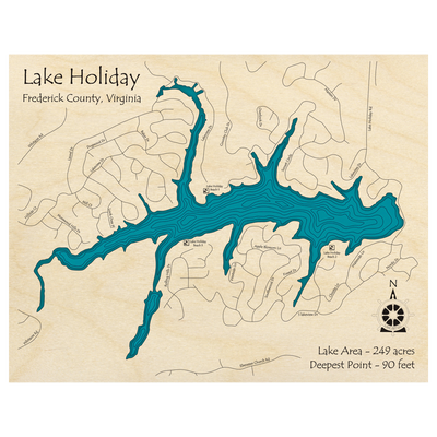 Bathymetric topo map of Lake Holiday, VA with roads, towns and depths noted in blue water.
