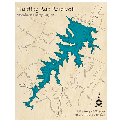 Bathymetric topo map of Hunting Run Reservoir, VA with roads, towns and depths noted in blue water.
