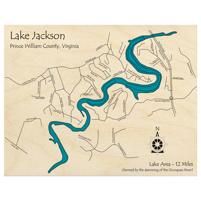 Bathymetric topo map of Lake Jackson, VA with roads, towns and depths noted in blue water.
