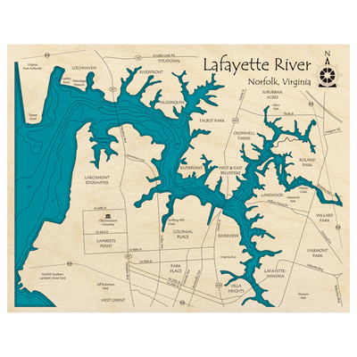 Bathymetric topo map of Lafayette River, VA with roads, towns and depths noted in blue water.
