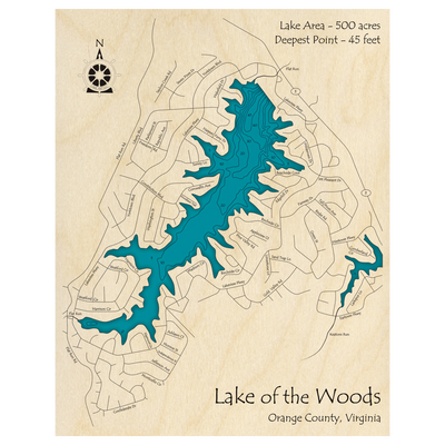 Bathymetric topo map of Lake of the Woods, VA with roads, towns and depths noted in blue water.