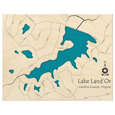 Bathymetric topo map of Lake LandOr, VA with roads, towns and depths noted in blue water.