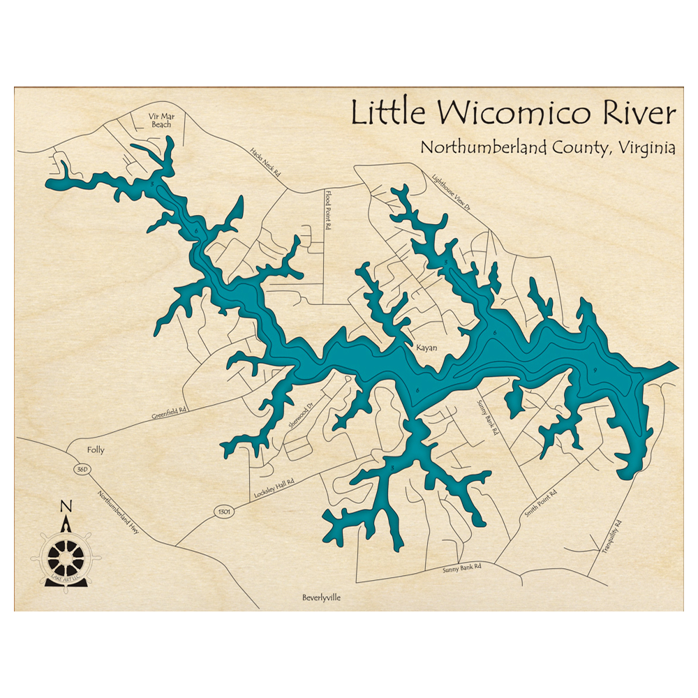 Bathymetric topo map of Little Wicomico River, VA with roads, towns and depths noted in blue water.