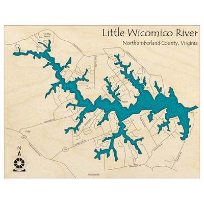 Bathymetric topo map of Little Wicomico River, VA with roads, towns and depths noted in blue water.
