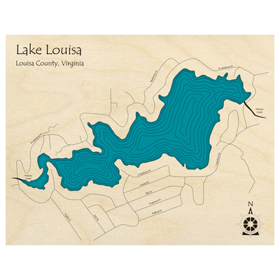 Bathymetric topo map of Lake Louisa, VA with roads, towns and depths noted in blue water.