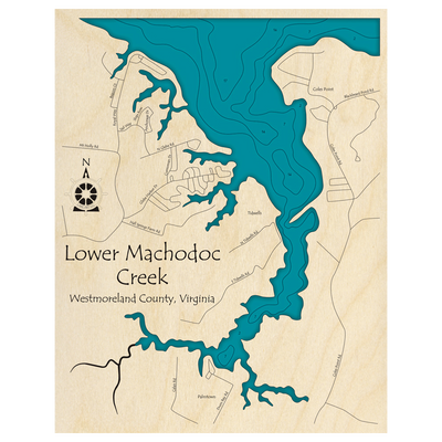 Bathymetric topo map of Lower Machodoc Creek, VA with roads, towns and depths noted in blue water.