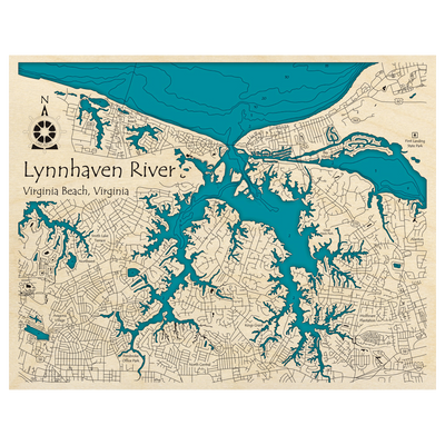 Bathymetric topo map of Lynnhaven River, VA with roads, towns and depths noted in blue water.