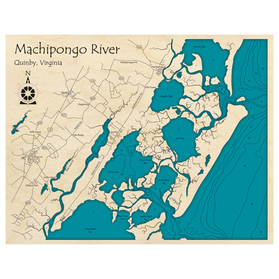 Bathymetric topo map of Machipongo River, VA with roads, towns and depths noted in blue water.