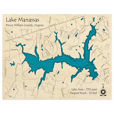 Bathymetric topo map of Lake Manassas, VA with roads, towns and depths noted in blue water.