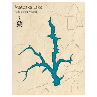 Bathymetric topo map of Matoaka Lake, VA with roads, towns and depths noted in blue water.