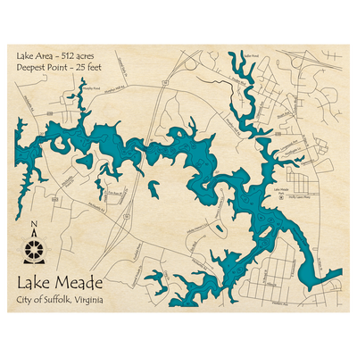 Bathymetric topo map of Lake Meade, VA with roads, towns and depths noted in blue water.