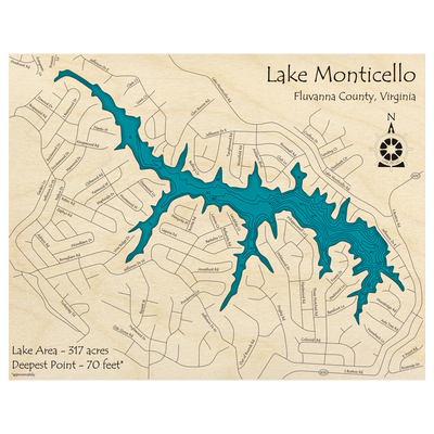 Bathymetric topo map of Lake Monticello, VA with roads, towns and depths noted in blue water.