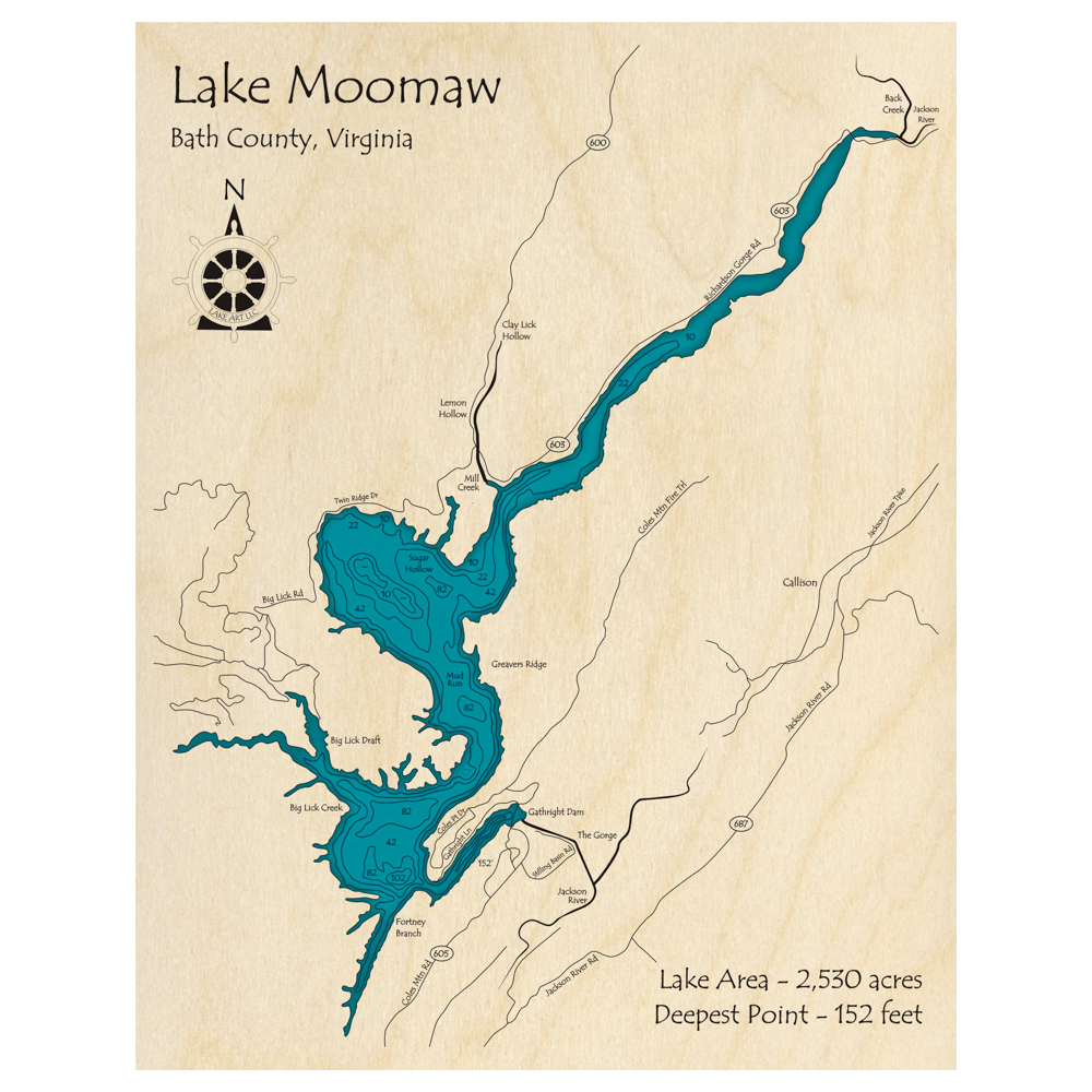 Bathymetric topo map of Moomaw Lake, VA with roads, towns and depths noted in blue water.