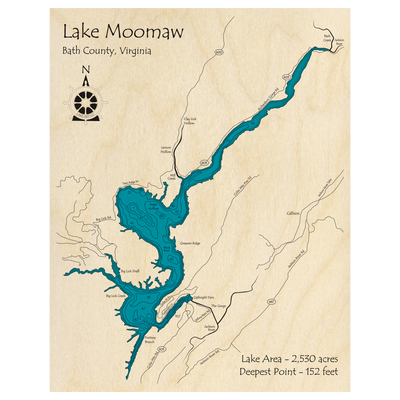 Bathymetric topo map of Moomaw Lake, VA with roads, towns and depths noted in blue water.