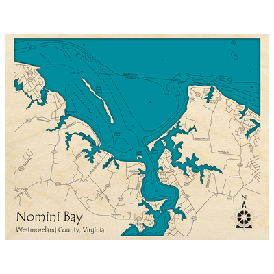 Bathymetric topo map of Nomini Bay, VA with roads, towns and depths noted in blue water.