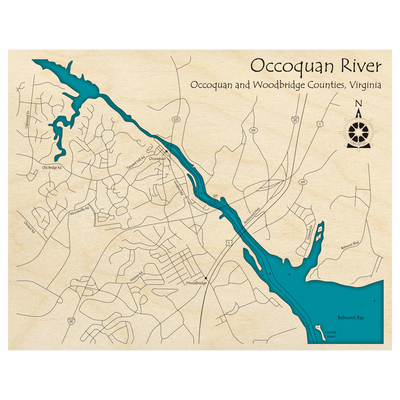 Bathymetric topo map of Occoquan River, VA with roads, towns and depths noted in blue water.