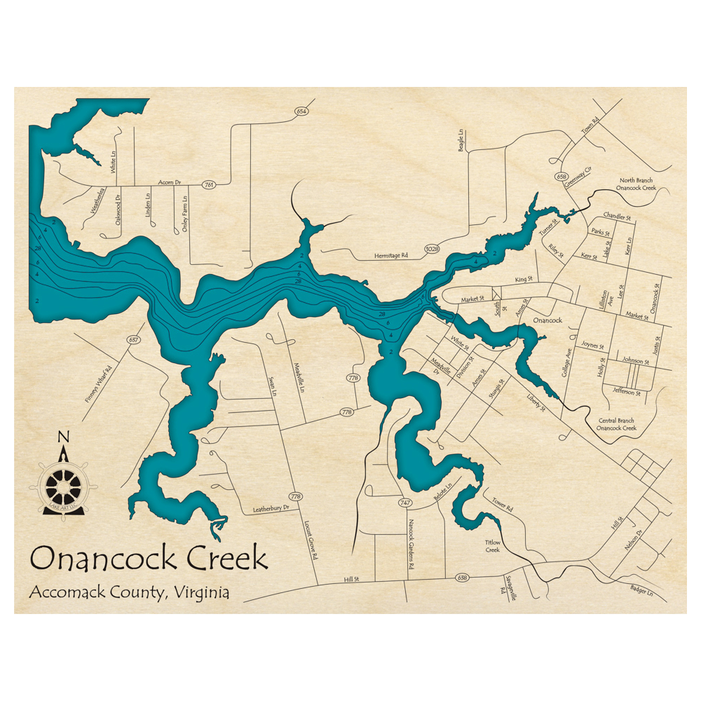 Bathymetric topo map of Onancock Creek, VA with roads, towns and depths noted in blue water.