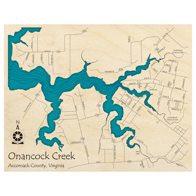 Bathymetric topo map of Onancock Creek, VA with roads, towns and depths noted in blue water.