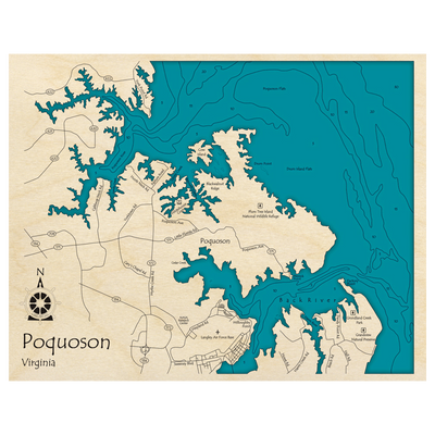 Bathymetric topo map of Chesapeake Bay, VA with roads, towns and depths noted in blue water.