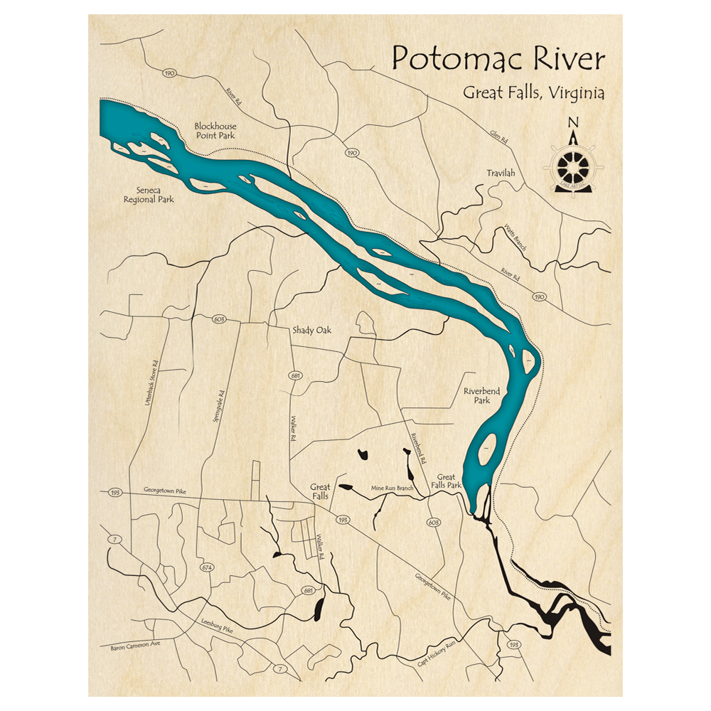 Bathymetric topo map of Potomac River, VA with roads, towns and depths noted in blue water.