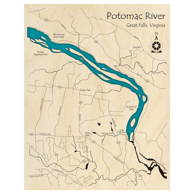 Bathymetric topo map of Potomac River, VA with roads, towns and depths noted in blue water.