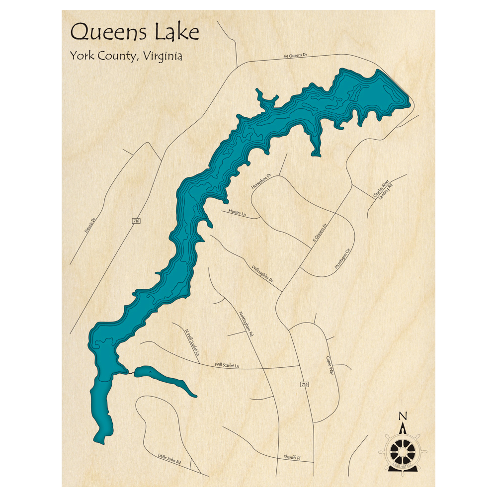Bathymetric topo map of Queens Lake, VA with roads, towns and depths noted in blue water.