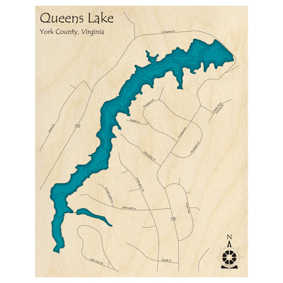 Bathymetric topo map of Queens Lake, VA with roads, towns and depths noted in blue water.