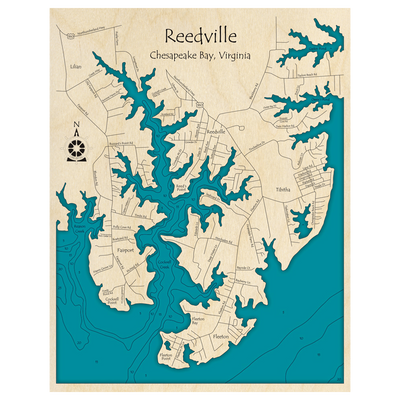 Bathymetric topo map of Reedville, VA with roads, towns and depths noted in blue water.
