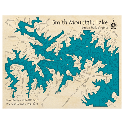Bathymetric topo map of Smith Mountain Lake, VA with roads, towns and depths noted in blue water.
